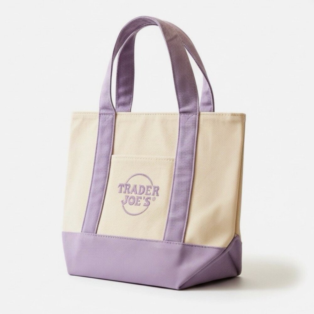 Trader Joe's Canvas Small Pastel Tote Limited Edition Embroiderd Purple Lilac